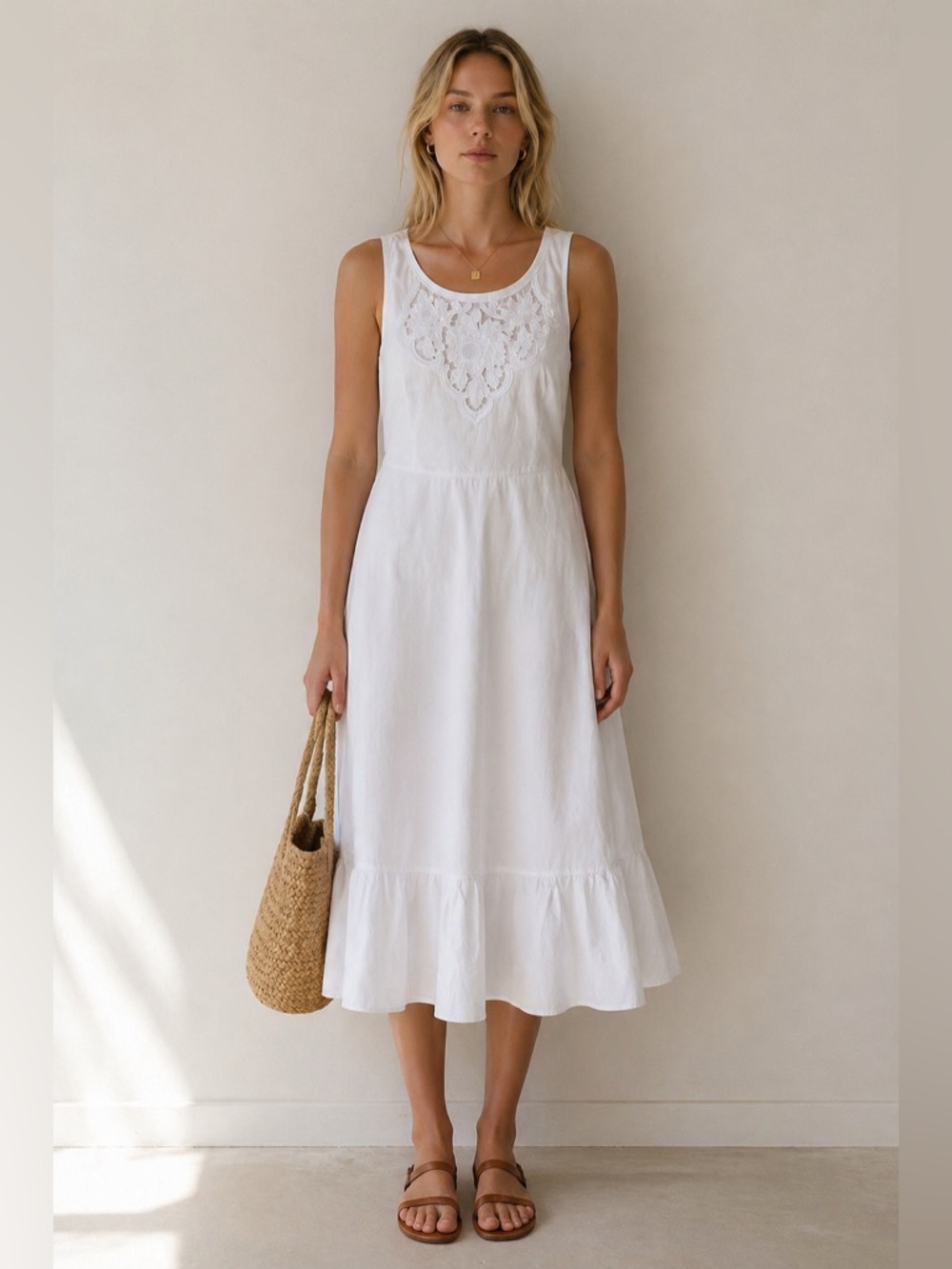 Talbots | White Embroidered Cotton Midi Dress | Size 8